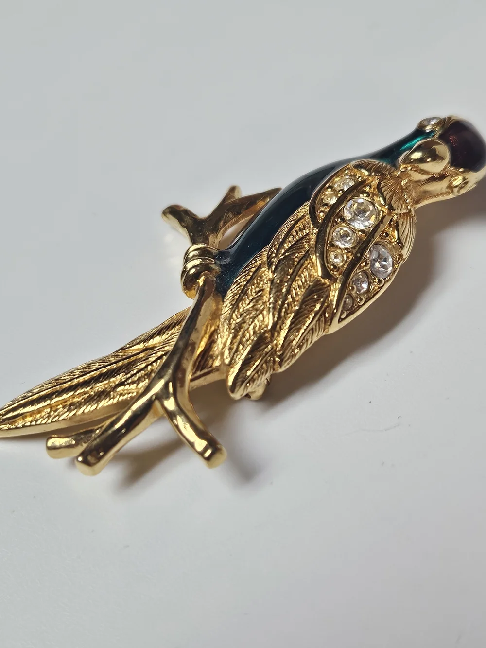 Avon Gold-Tone Parrot Brooch with Iridescent Teal Enamel and Crystals
